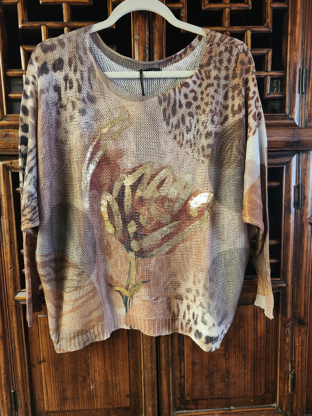 Belle Amore Boho Floral & Leopard Print Knit Top in Brown Tones